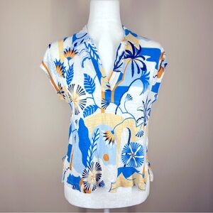 Nicole Miller 100% Linen Short Sleeve V Neck Top Blue Floral Size Large